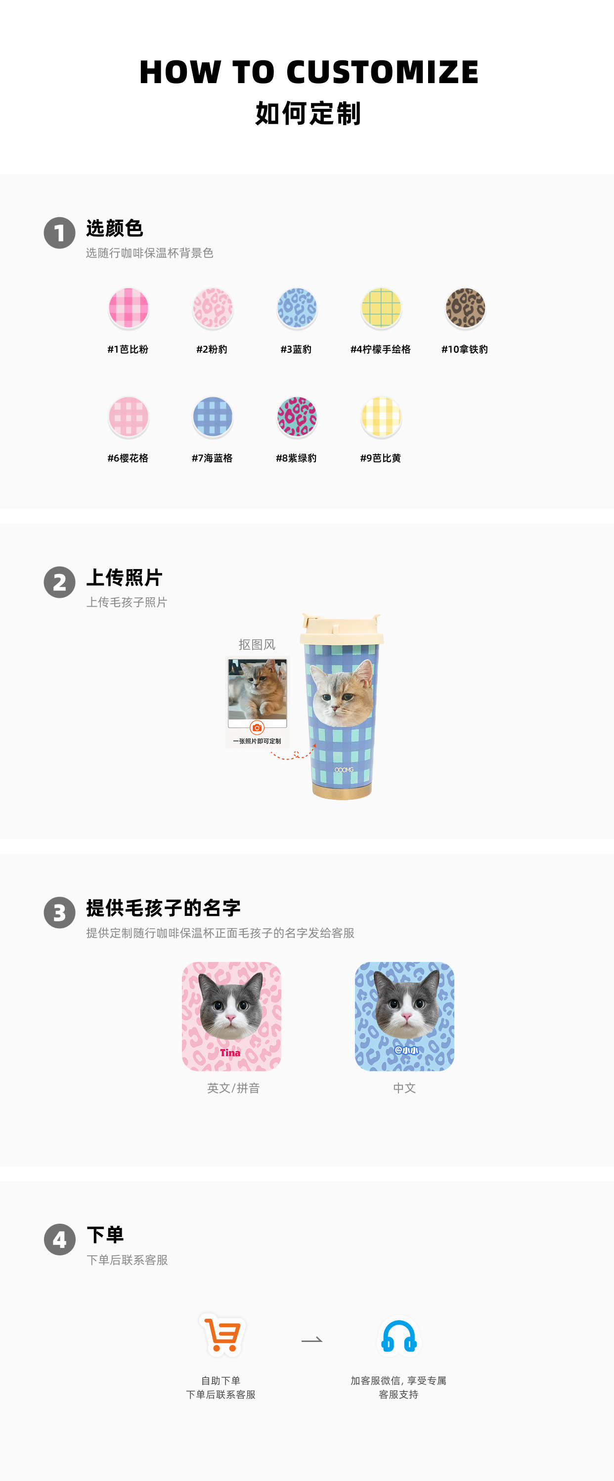 咖啡保温杯定制流程：选择底纹、上传照片、抠图排版并联系客服
